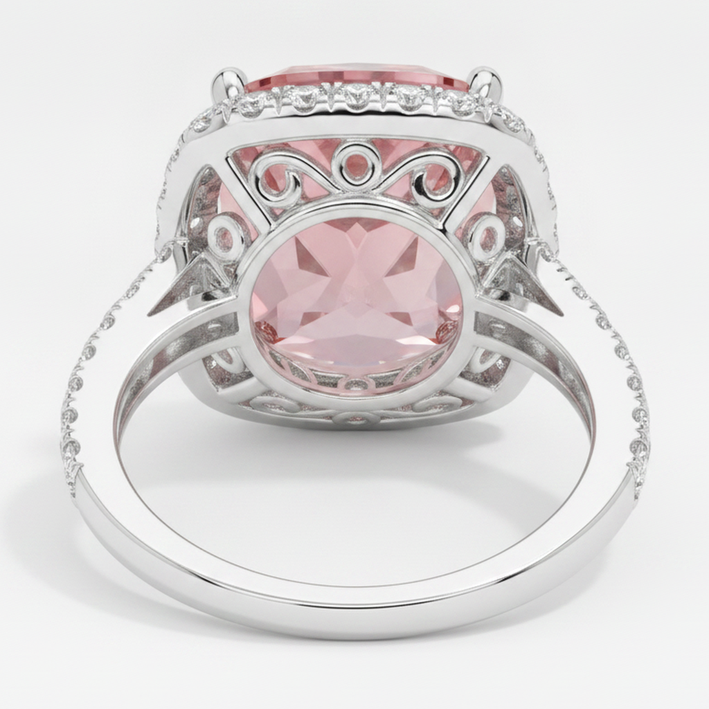 Anello Halo con Pavé in Oro Bianco 14K con Zaffiro Padparadscha Pesca Naturale Taglio Cuscino da 2,8 Carati