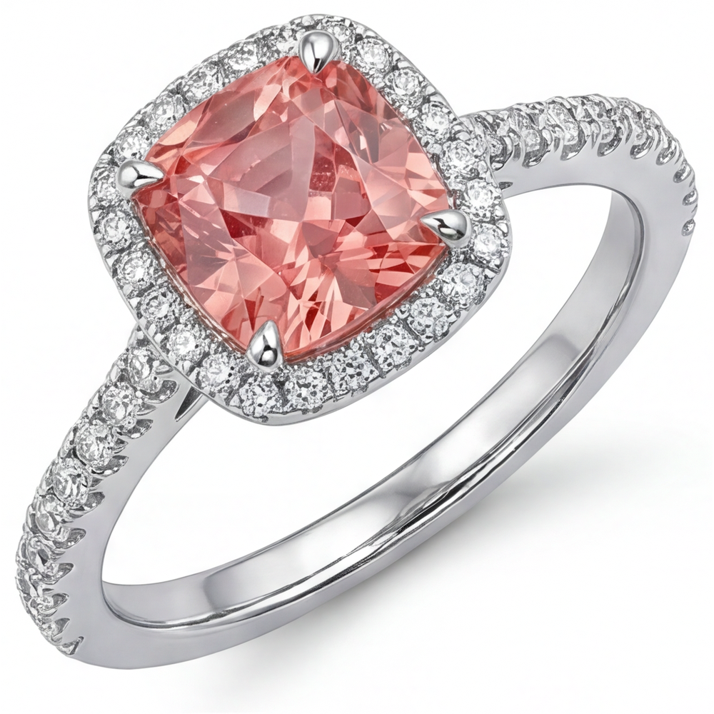 Anello d'Epoca con Zaffiro Padparadscha Autentico da 2,8 Carati Taglio Cuscino Halo Pavé in Oro Bianco 14K