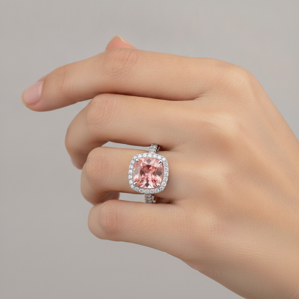 Anello d'Epoca con Zaffiro Padparadscha Autentico da 2,8 Carati Taglio Cuscino Halo Pavé in Oro Bianco 14K