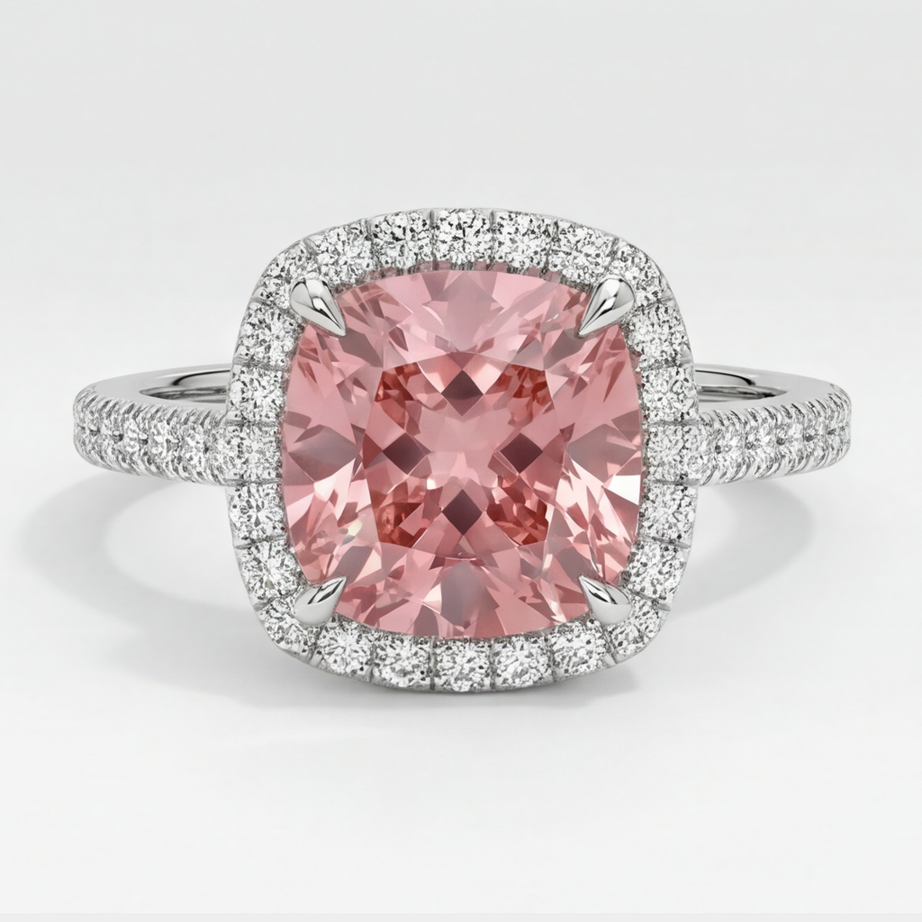 Anello Halo con Pavé in Oro Bianco 14K con Zaffiro Padparadscha Pesca Naturale Taglio Cuscino da 2,8 Carati