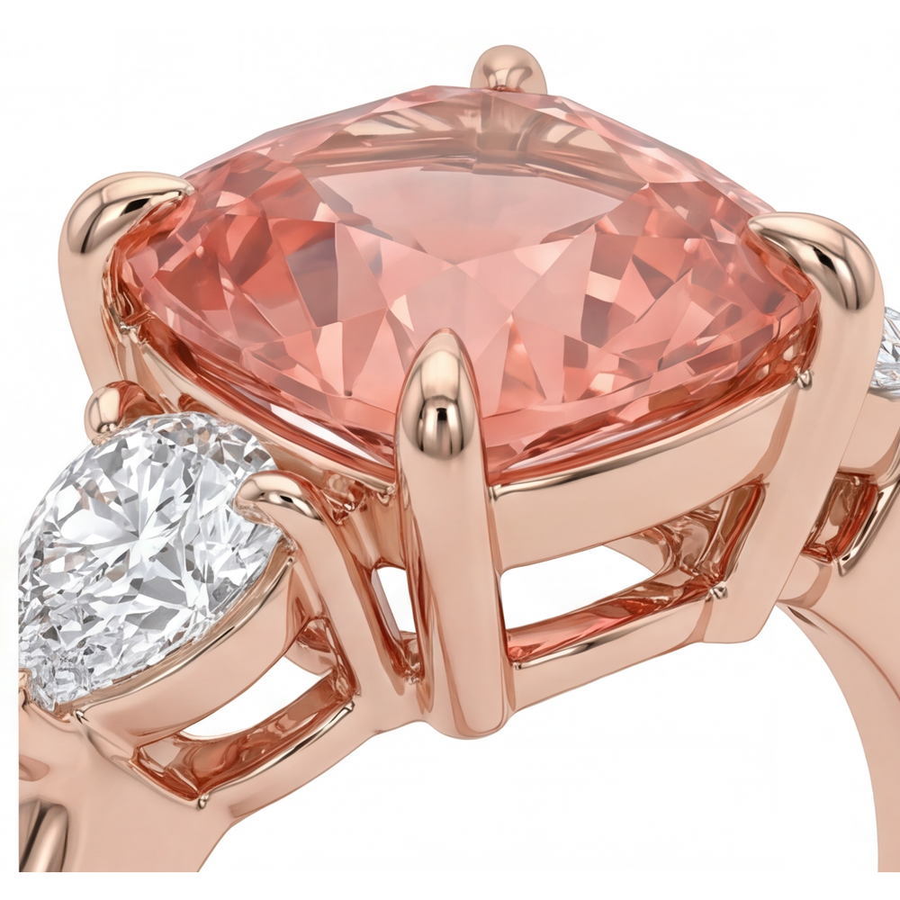 Anello di Fidanzamento con Zaffiro Padparadscha Naturale Taglio Cuscino da 2,9 Carati a Tre Pietre in Oro Rosa 14K Fascia Liscia