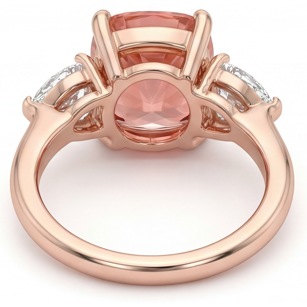 Anello di Fidanzamento con Zaffiro Padparadscha Naturale Taglio Cuscino da 2,9 Carati a Tre Pietre in Oro Rosa 14K Fascia Liscia
