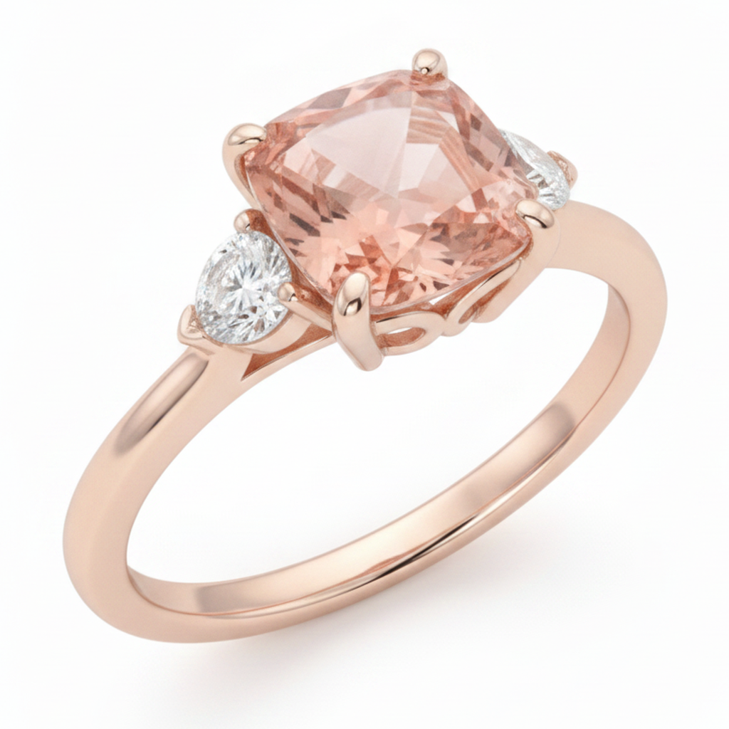 Anello a tre pietre in Oro Rosa 14K con zaffiro Padparadscha pesca naturale taglio cuscino da 2,9 carati e mezze lune bianche