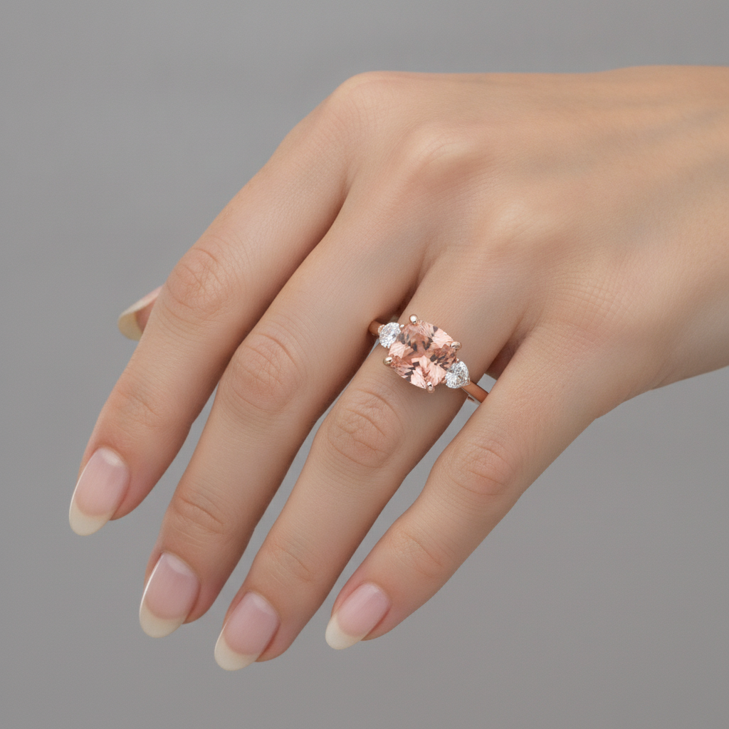 Anello a tre pietre in Oro Rosa 14K con zaffiro Padparadscha pesca naturale taglio cuscino da 2,9 carati e mezze lune bianche