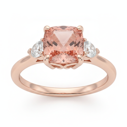 Anello a tre pietre in Oro Rosa 14K con zaffiro Padparadscha pesca naturale taglio cuscino da 2,9 carati e mezze lune bianche