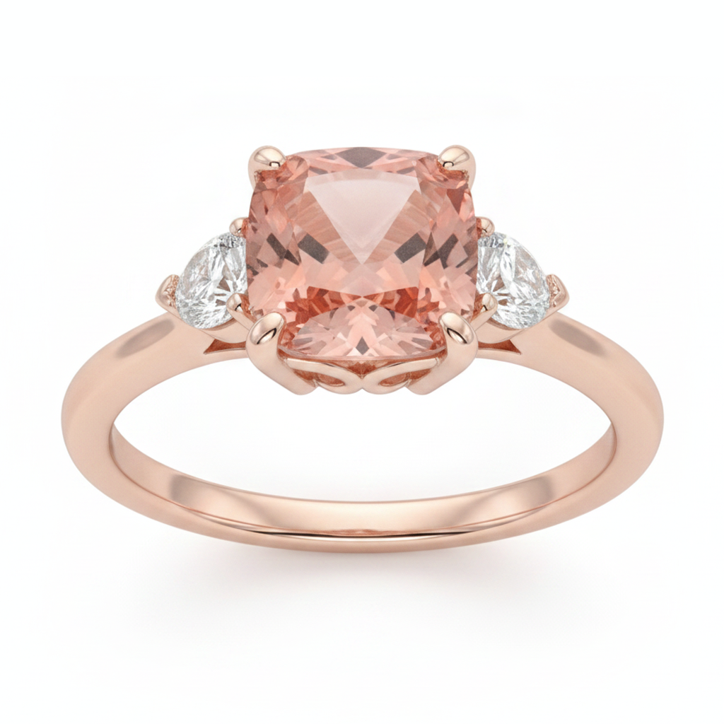 Anello a tre pietre in Oro Rosa 14K con zaffiro Padparadscha pesca naturale taglio cuscino da 2,9 carati e mezze lune bianche