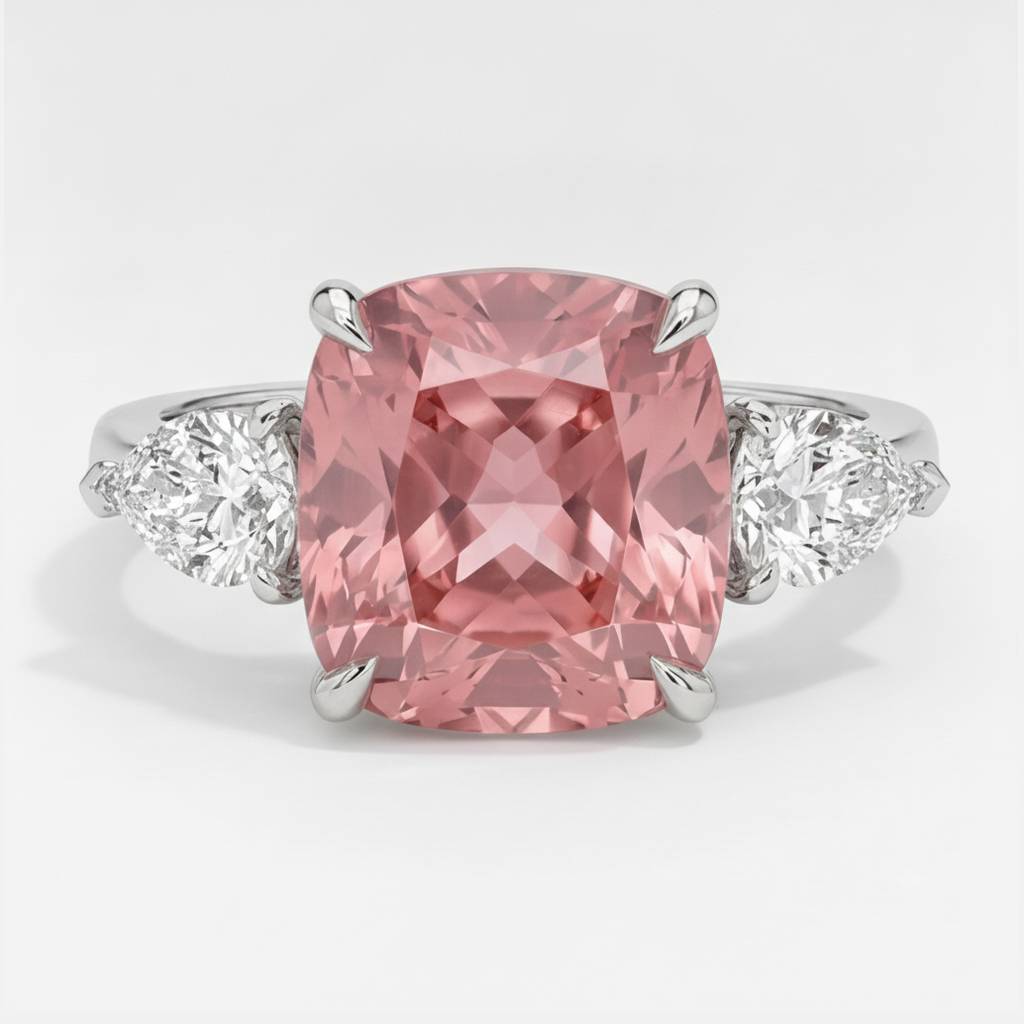 Anello a tre pietre con zaffiro Padparadscha naturale taglio cuscino da 3,6 carati in platino