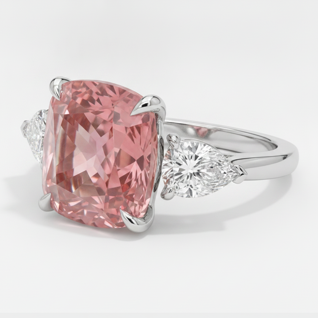 Anello a tre pietre con zaffiro Padparadscha naturale taglio cuscino da 3,6 carati in platino