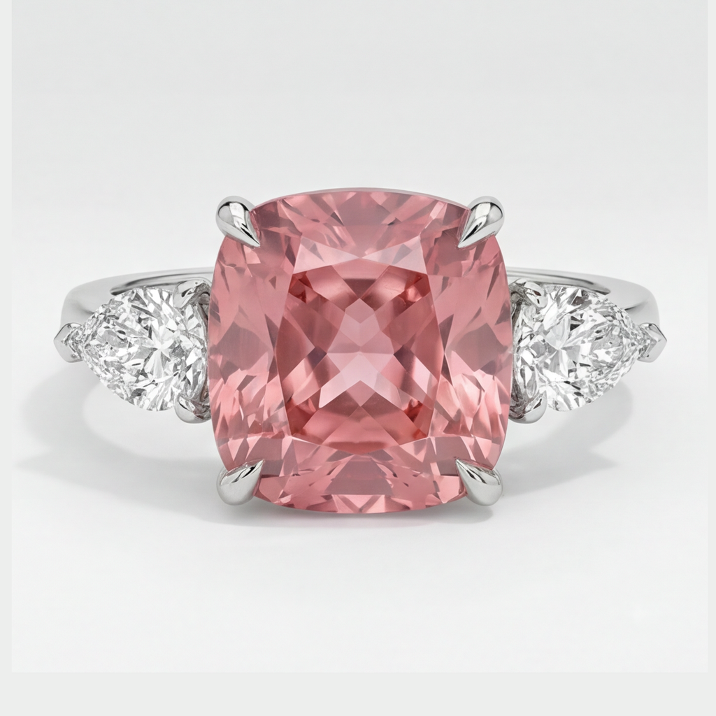Anello a tre pietre con zaffiro Padparadscha naturale taglio cuscino da 3,6 carati in platino