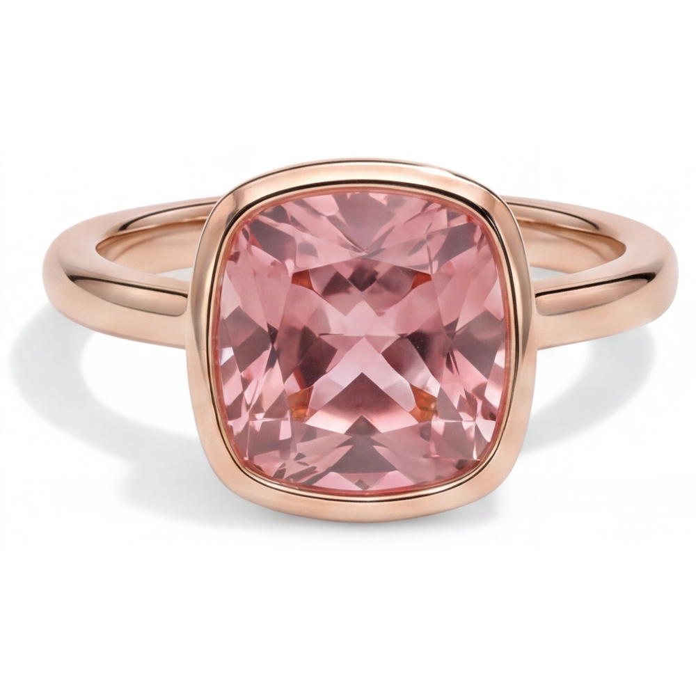 Anello di Fidanzamento Solitario con Zaffiro Padparadscha Naturale da 2,5 Carati Taglio Cuscino con Lunetta in Oro Rosa 14K