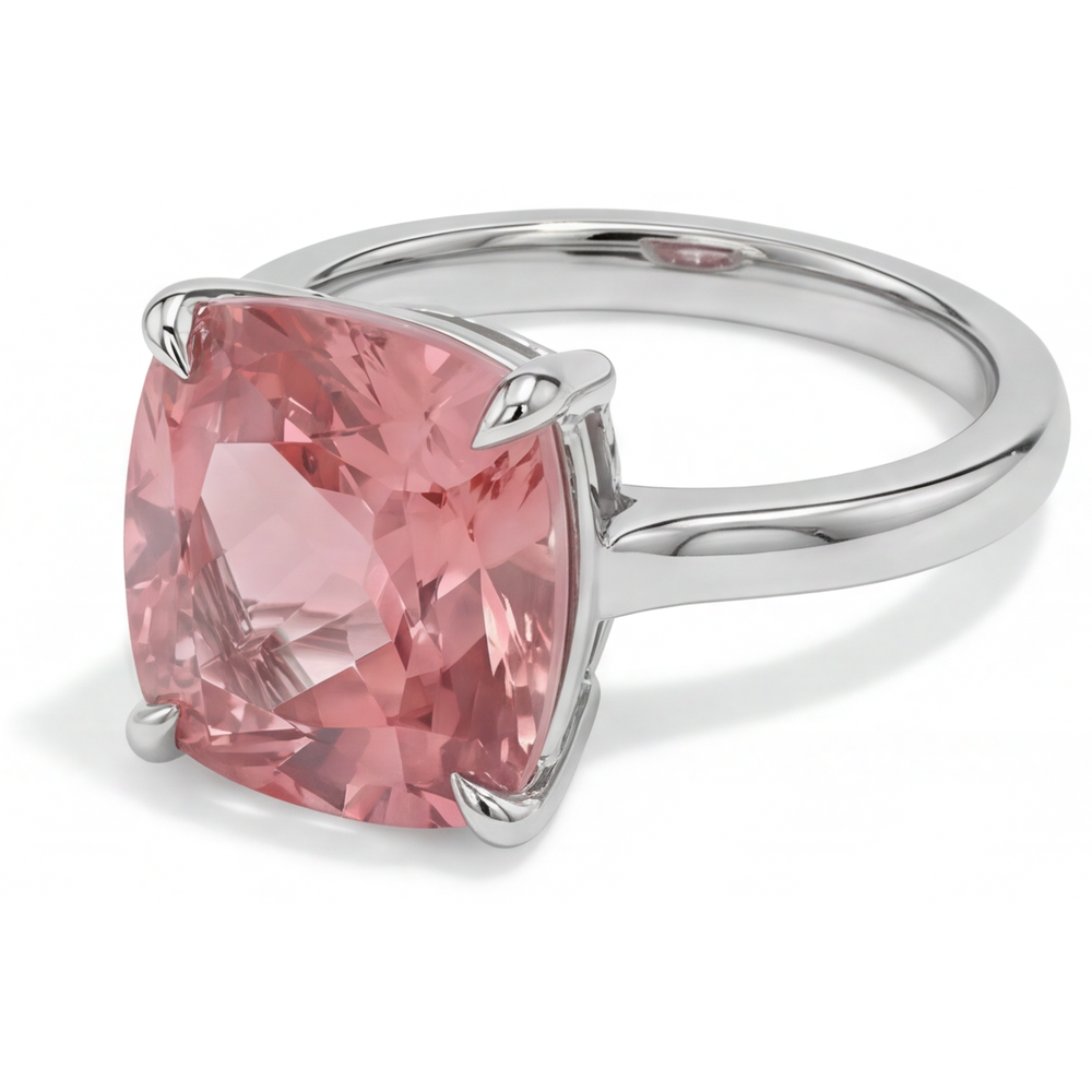 Anello di Fidanzamento Solitario con Zaffiro Padparadscha Naturale da 3 Carati Taglio Cuscino a Fascia Liscia in Oro Bianco 14K