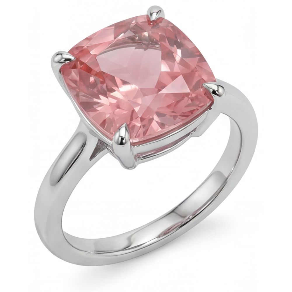 Anello di Fidanzamento Solitario con Zaffiro Padparadscha Naturale da 3 Carati Taglio Cuscino in Oro Bianco 14K