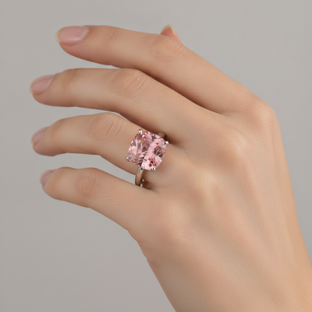 Anello di Fidanzamento Solitario con Zaffiro Padparadscha Naturale da 3 Carati Taglio Cuscino a Fascia Liscia in Oro Bianco 14K