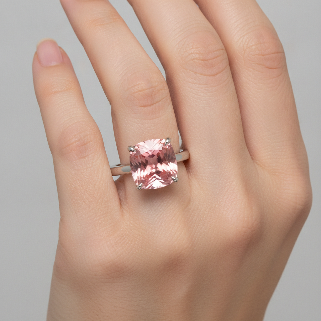 Anello di Fidanzamento Solitario con Zaffiro Padparadscha Naturale da 3 Carati Taglio Cuscino in Oro Bianco 14K