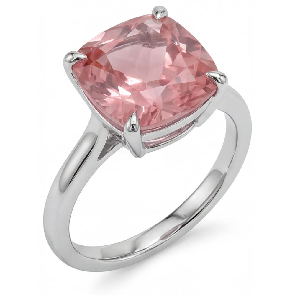 Anello di Fidanzamento Solitario a Cattedrale con Zaffiro Padparadscha Pesca Naturale da 3 Carati, Taglio a Cuscino, in Oro Bianco 14K
