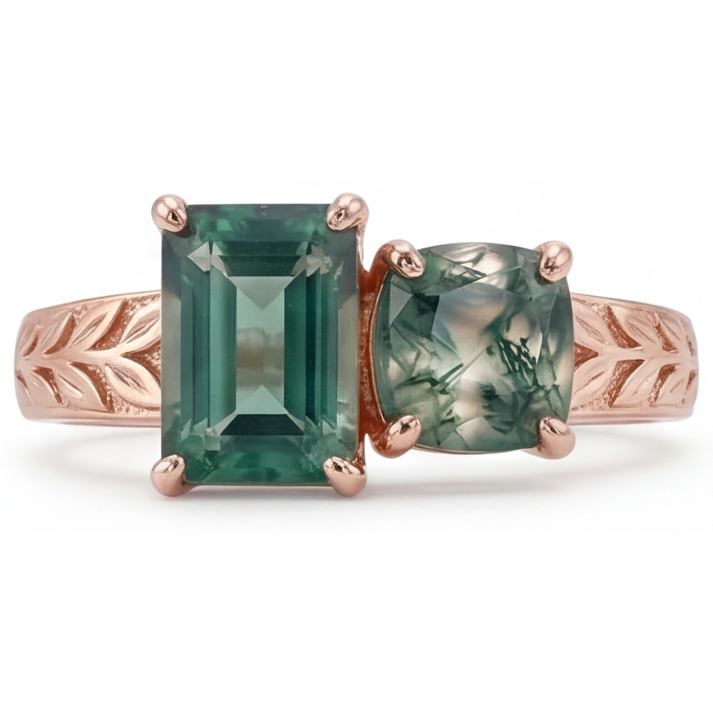 Anello con Gemma Oro 14 Carati Rosa con Dendritic Agate – vista angolare