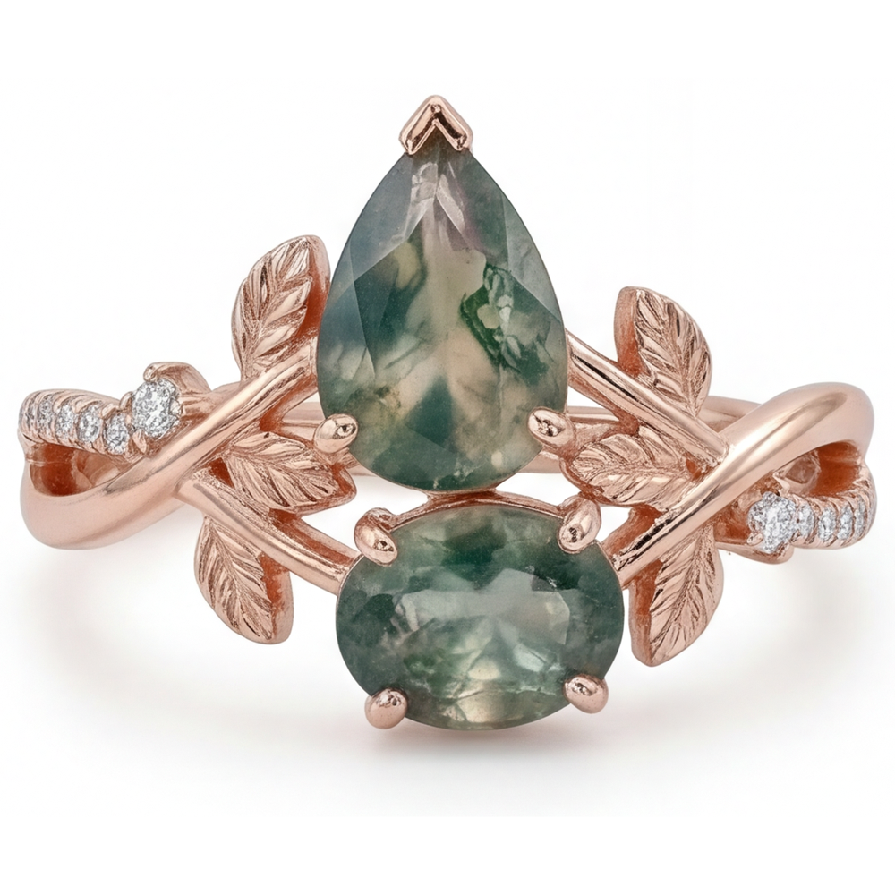 Anello con Pietra Preziosa Oro Rosa 14K con Dendritic Agate – vista angolare