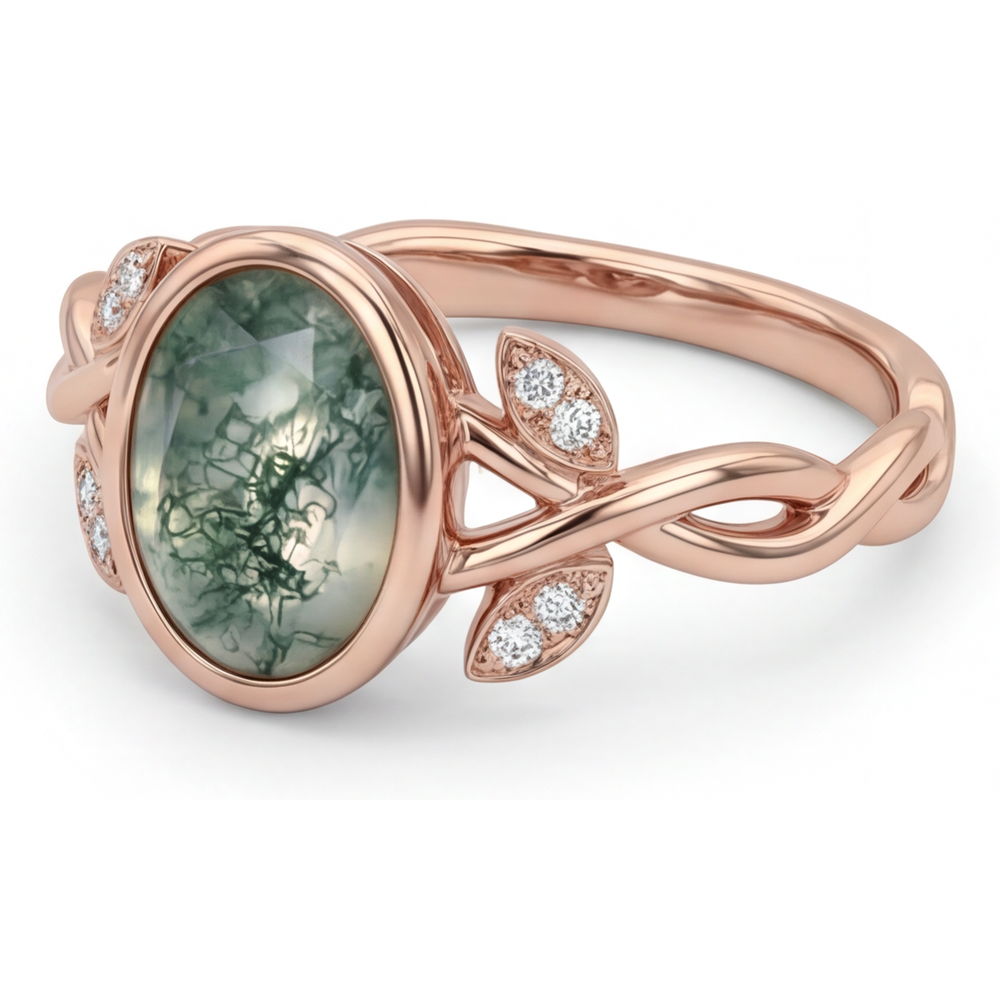 Ovale Dendritic Agate anello in Oro Rosa 14K – vista laterale