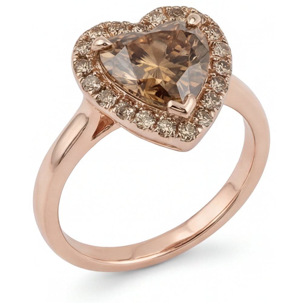 Diamante Forma Cuore Anello con Pavé Halo in Oro 14 Carati Rosa – vista frontale