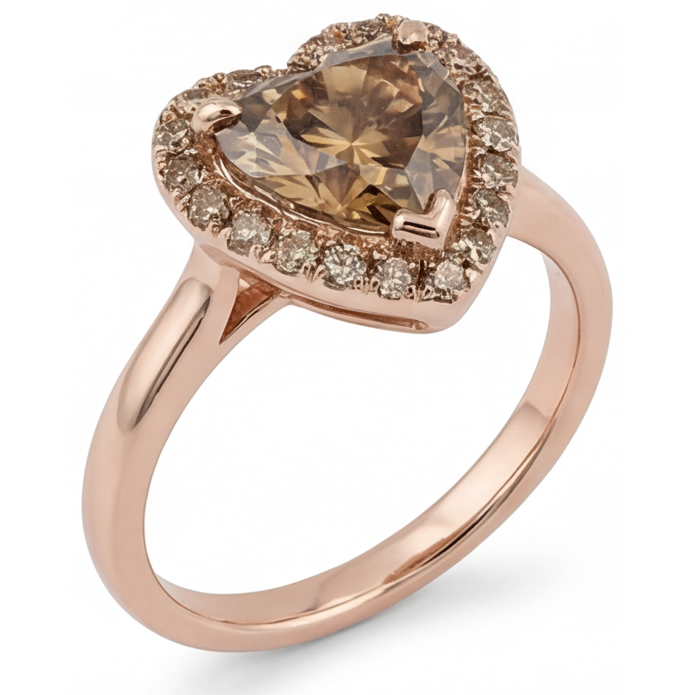 Diamante Forma Cuore Anello con Pavé Halo in Oro 14 Carati Rosa – vista angolare