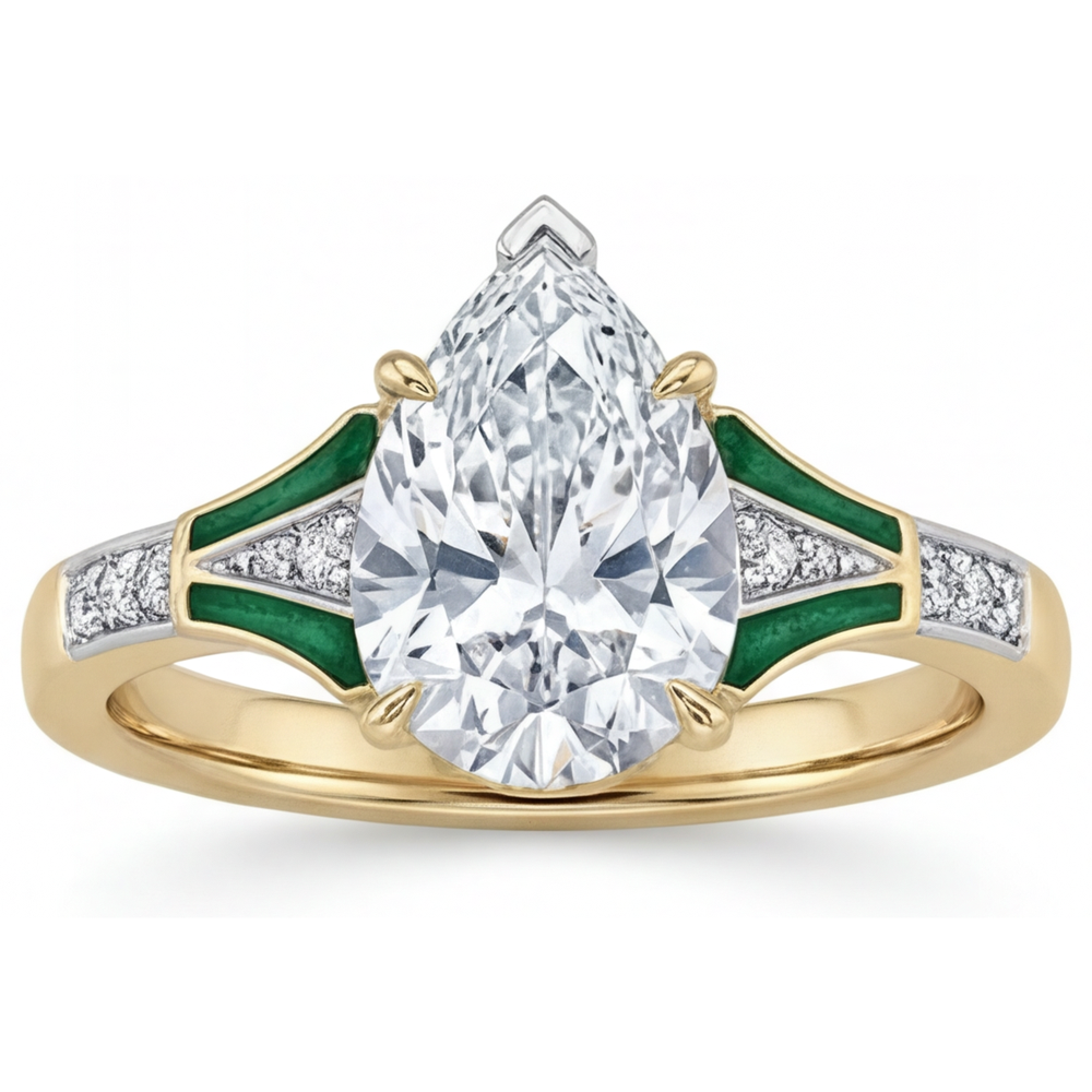 Diamante Taglio a Pera Anello Solitario con Accenti in Oro Bicolore 14K – vista principale