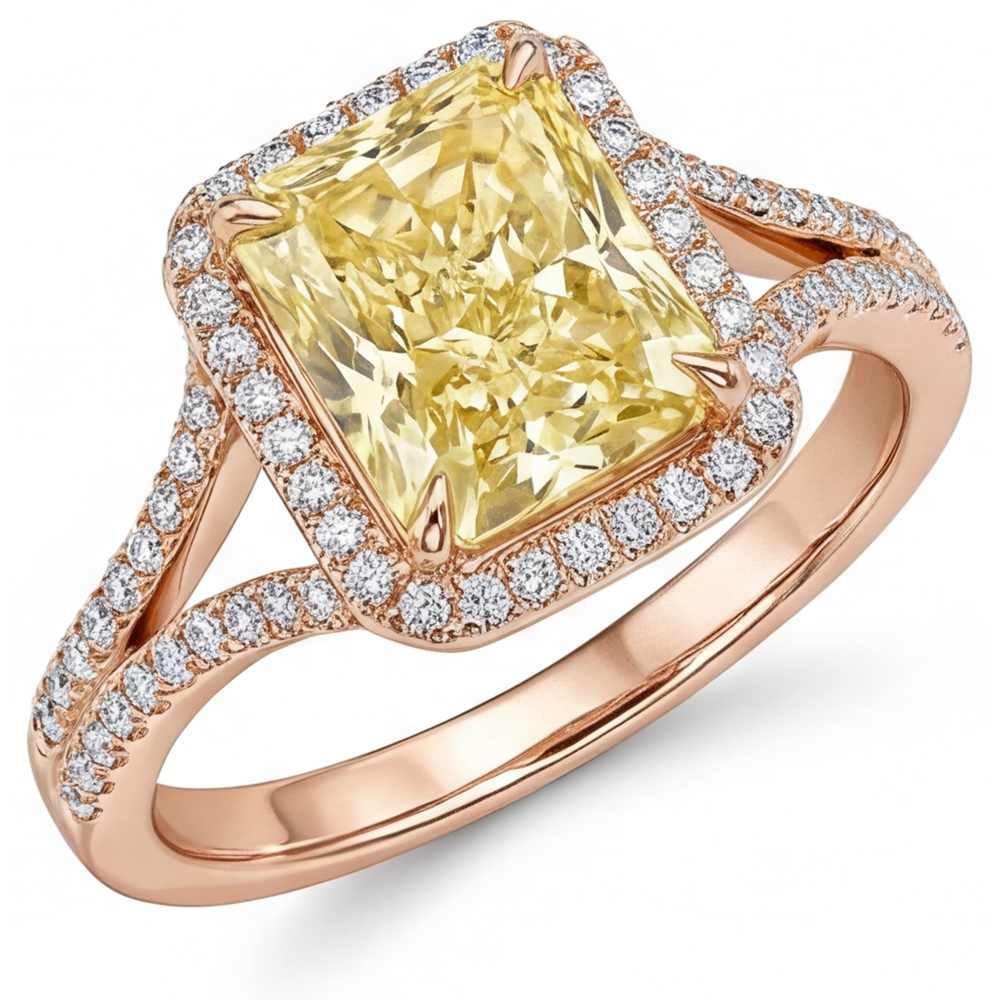 Premium Diamante Canarino Anello con Pavé Halo 2 carati – vista principale