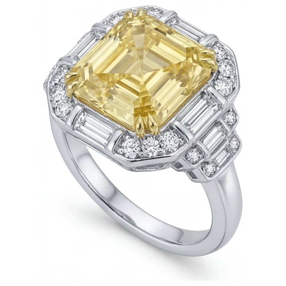 Diamante Canarino Anello di Fidanzamento Halo 3,0 carati Oro Bicolore 14K – vista laterale
