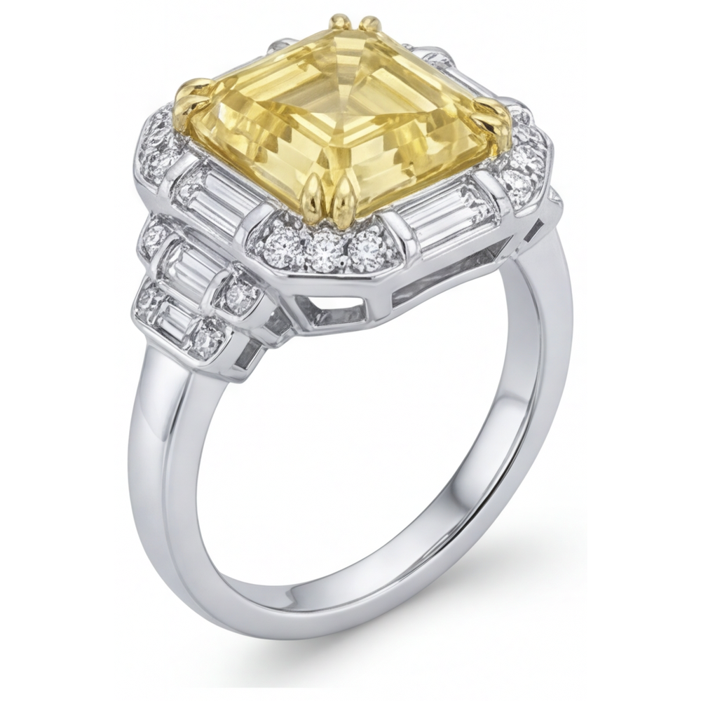 Diamante Canarino Taglio Asscher Anello di Fidanzamento Halo in Oro Bicolore 14K – vista angolare