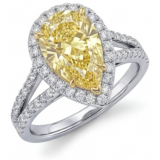 Taglio a Pera Diamante Canarino anello in Oro 14 Carati Bicolore – vista frontale