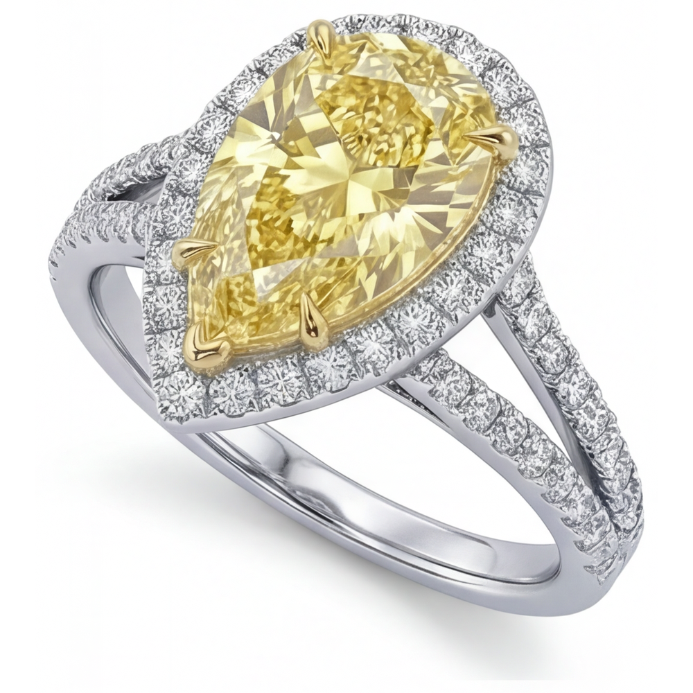 Diamante Canarino Taglio a Pera Anello Statement in Oro 14 Carati Bicolore – vista laterale