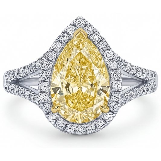 Taglio a Pera Diamante Canarino anello in Oro 14 Carati Bicolore – vista frontale