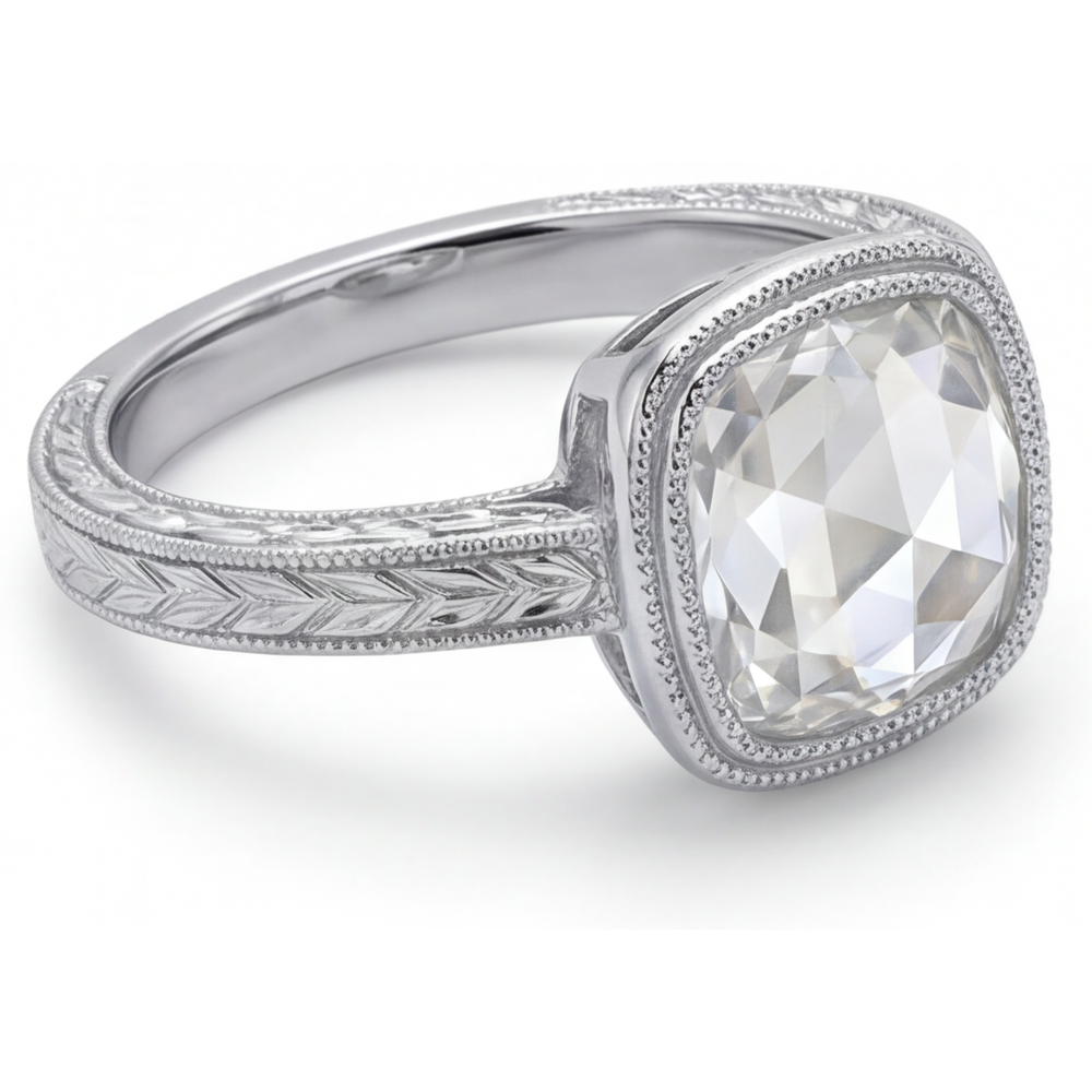 Diamante Fine Taglio Cushion Anello Halo in Oro Bianco 14K – vista laterale