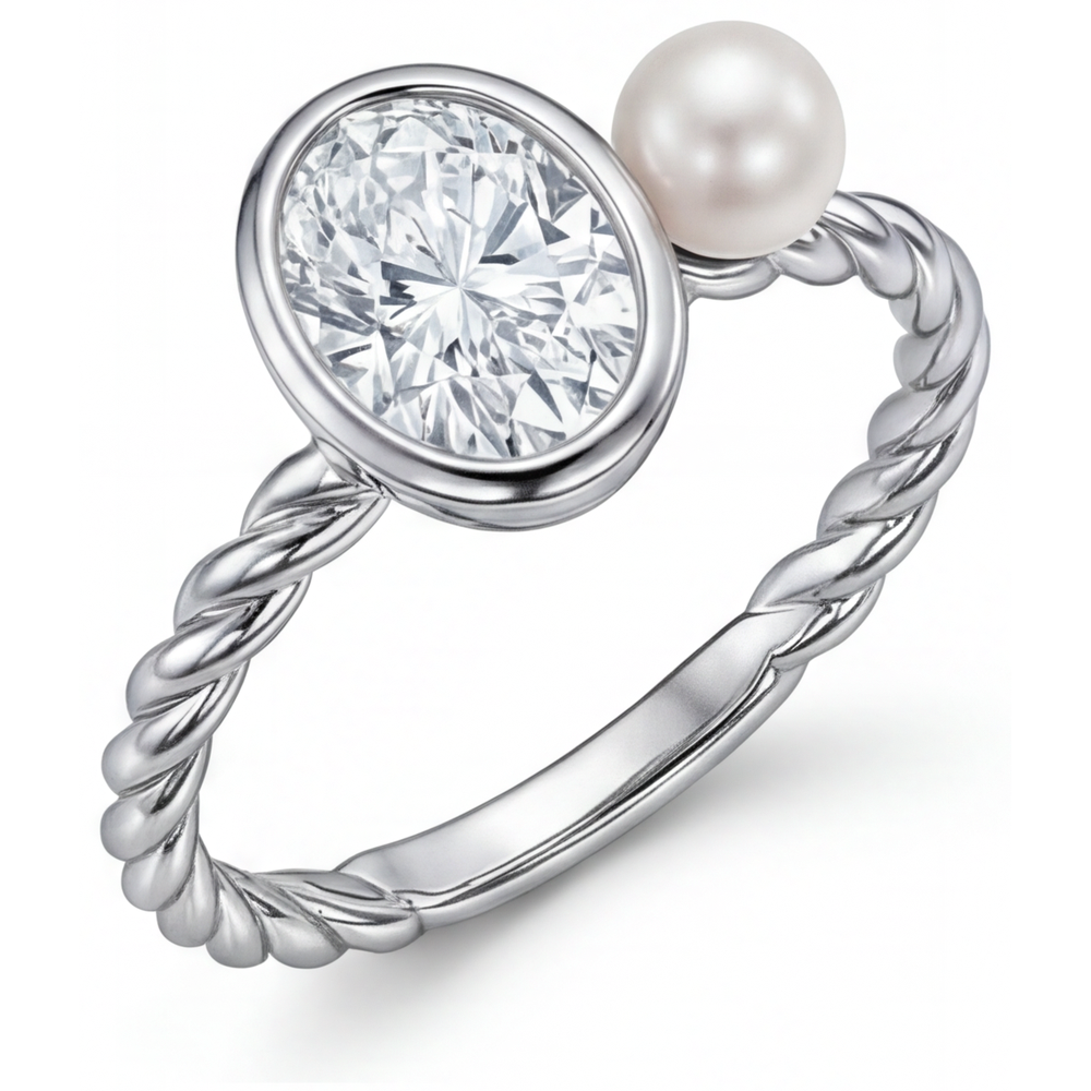 Diamante Fine Ovale Anello Monopietra in Oro Bianco 14K – vista angolare