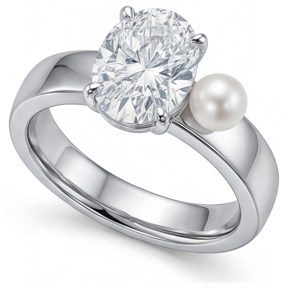 Diamante Fine Taglio Ovale Anello Solitario in Oro Bianco 14K – vista frontale