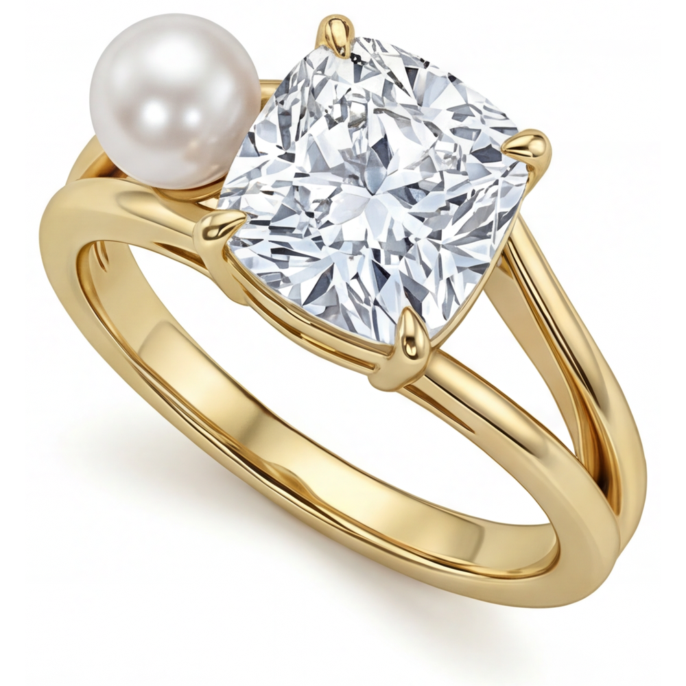 Cuscino Diamante Fine anello in Oro Giallo 14K – vista laterale