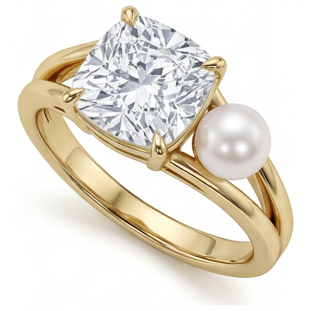 Cuscino Diamante Fine anello in Oro Giallo 14K – vista angolare
