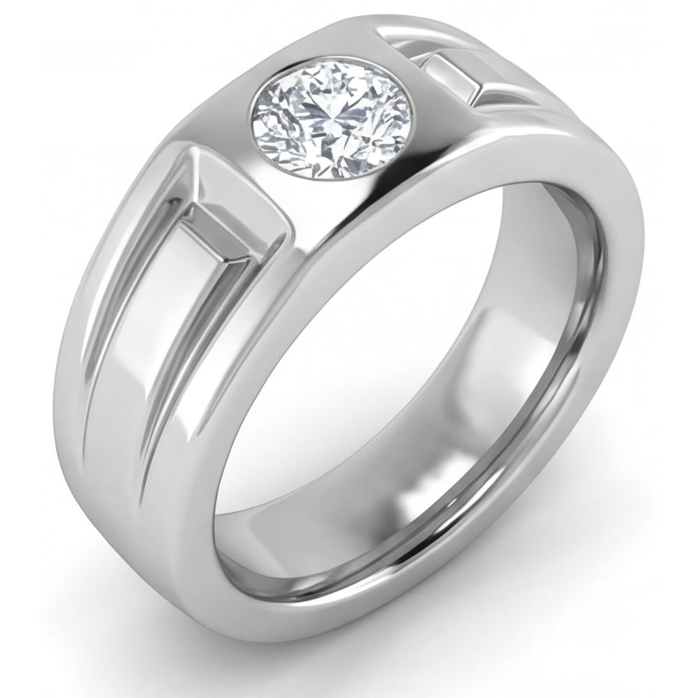 Diamante Fine Taglio Rotondo Anello Uomo in Oro Bianco 14K – vista angolare