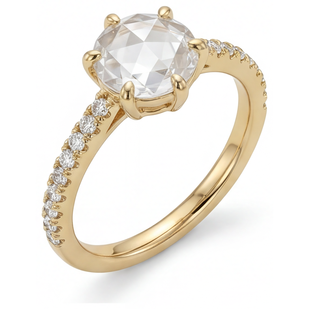 Taglio Rotondo Diamante Fine anello in Oro 14 Carati Giallo – vista frontale