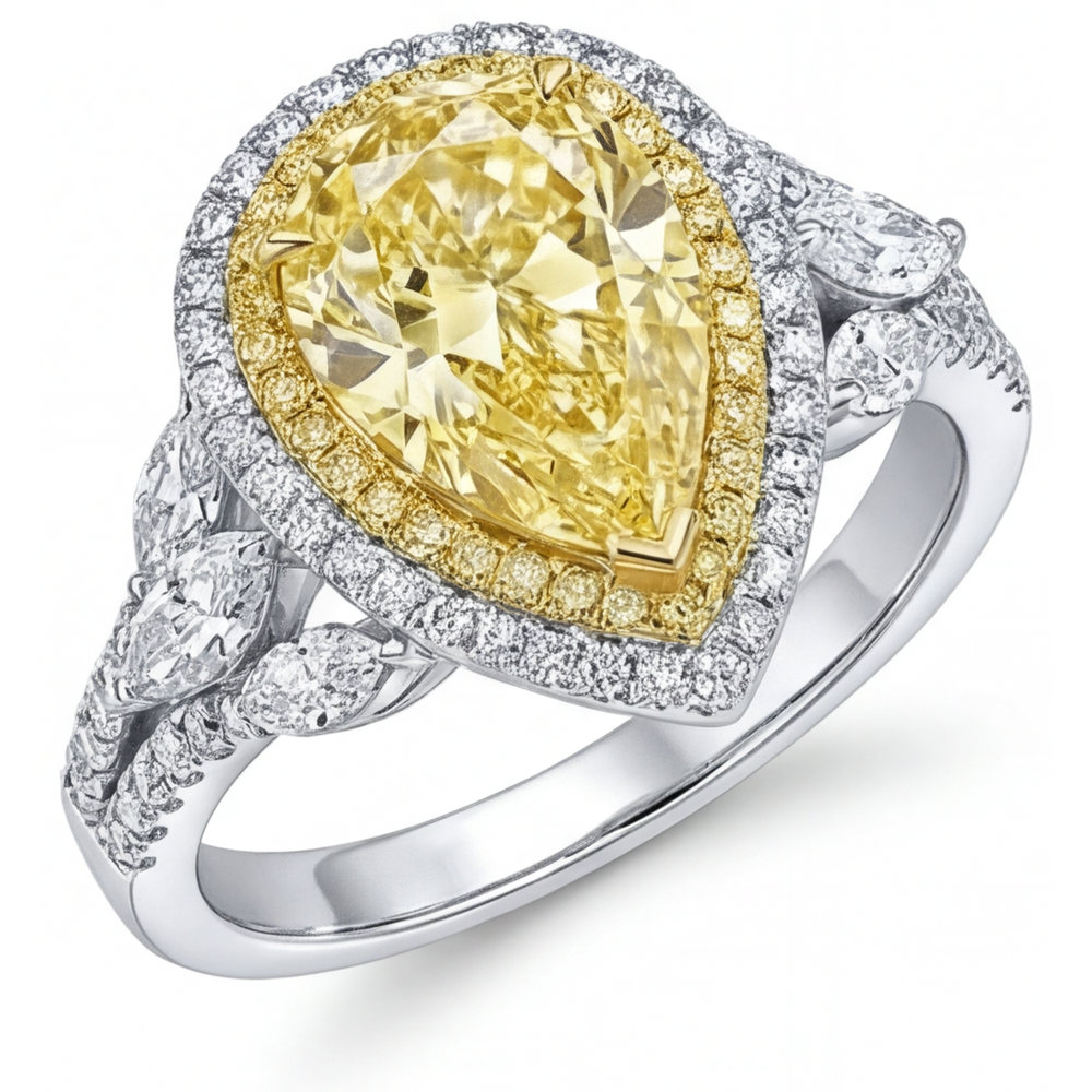 Diamante Giallo Canarino Anello con Pavé Halo 2,50 carati Oro 14 Carati Bicolore – vista principale