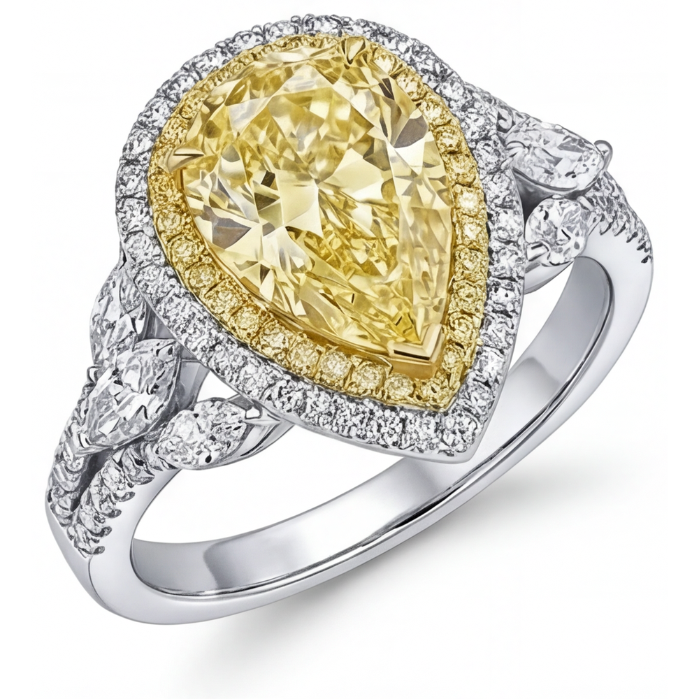 Diamante Giallo Canarino Anello con Pavé Halo 2,50-carati Oro 14 Carati Bicolore – vista laterale
