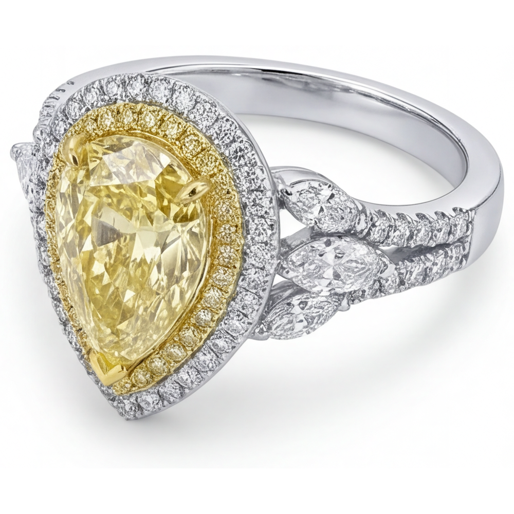Anello con Pavé Halo Oro 14 Carati Bicolore con Diamante Giallo Canarino – vista profilo