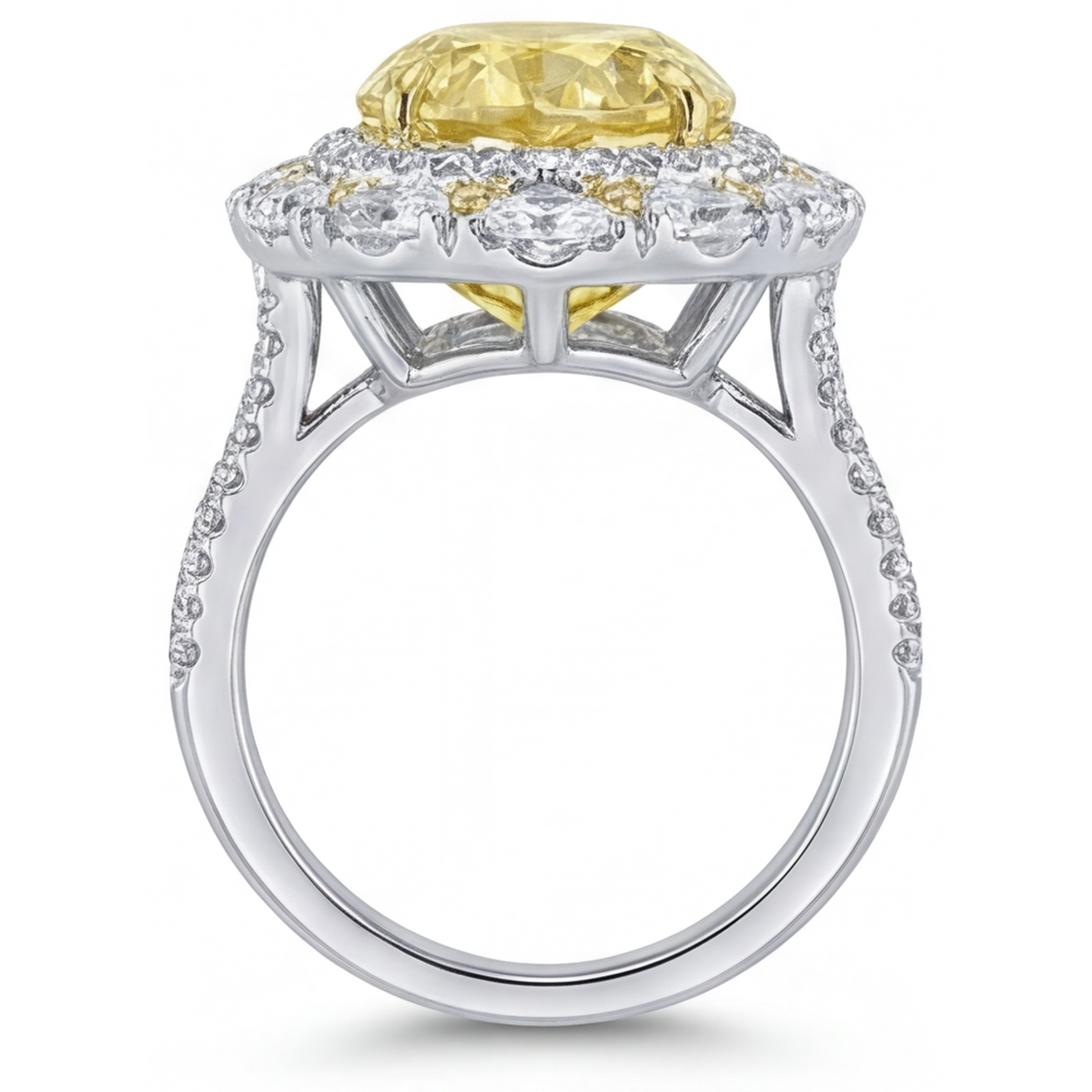 Diamante Giallo Canarino Goccia Anello con Pavé Halo in Oro Bicolore 14K – vista frontale
