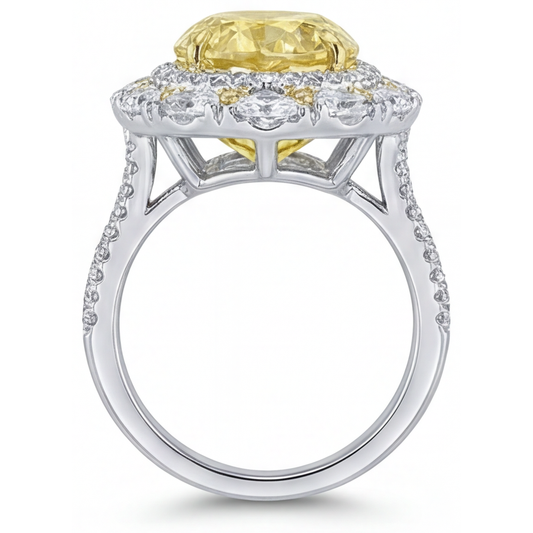 Diamante Giallo Canarino Goccia Anello con Pavé Halo in Oro Bicolore 14K – vista frontale