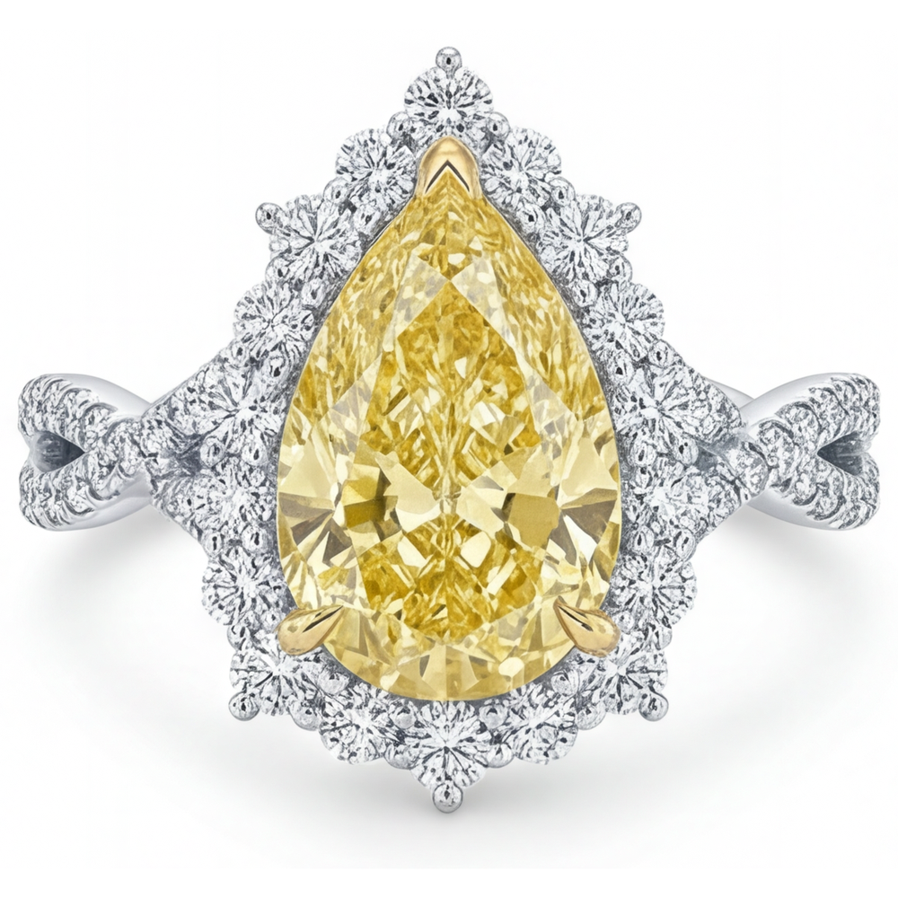 Diamante Giallo Canarino Taglio a Pera Anello con Pavé Halo in Oro 14 Carati Bicolore – vista principale