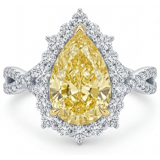 Diamante Giallo Canarino Taglio a Pera Anello con Pavé Halo in Oro 14 Carati Bicolore – vista principale