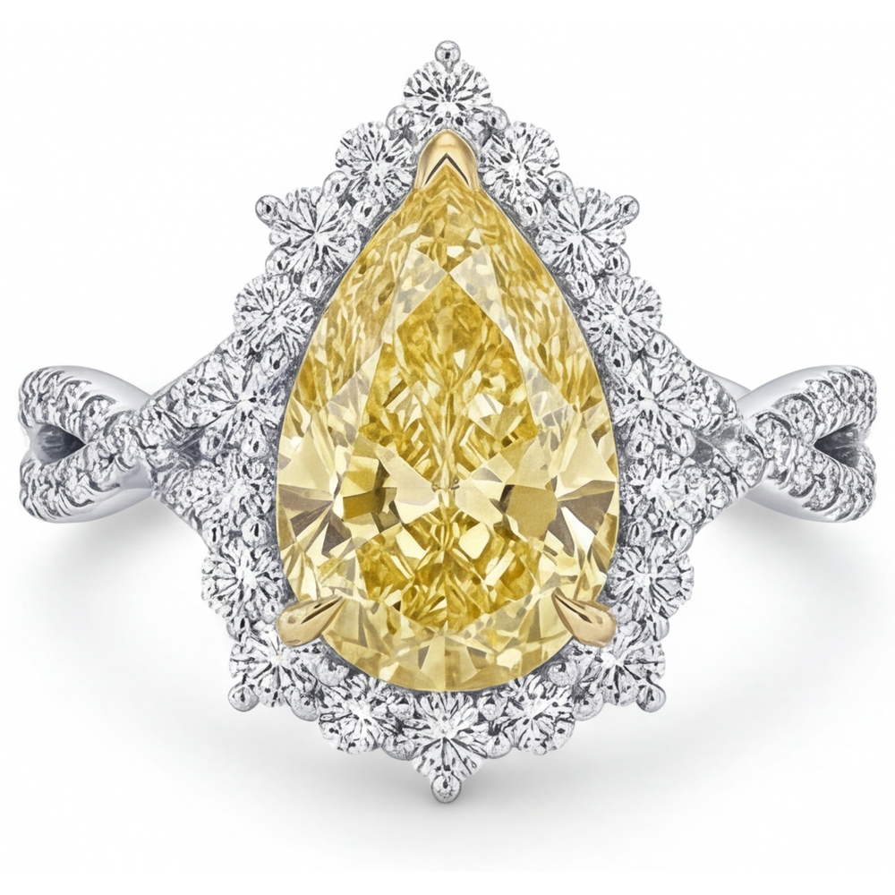 Diamante Giallo Canarino Anello con Pavé Halo 3,75 carati Oro 14 Carati Bicolore – vista frontale