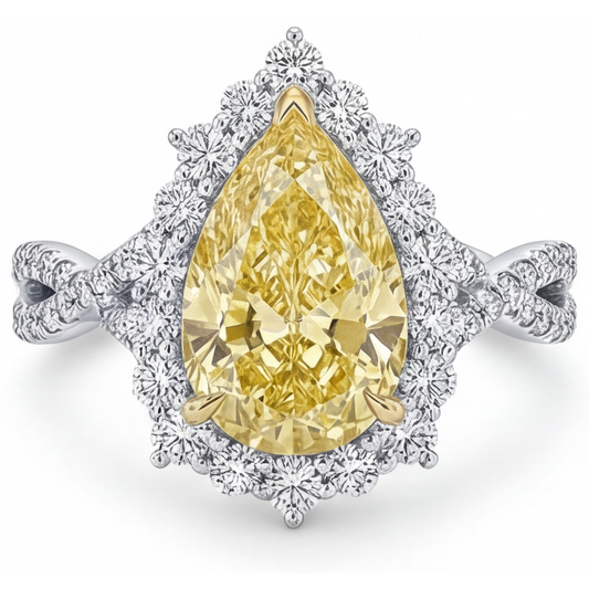 Diamante Giallo Canarino Anello con Pavé Halo 3,75 carati Oro 14 Carati Bicolore – vista frontale