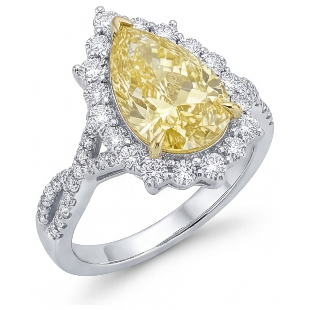 Realizzato a mano Diamante Giallo Canarino Anello con Pavé Halo 3,75 carati – vista laterale