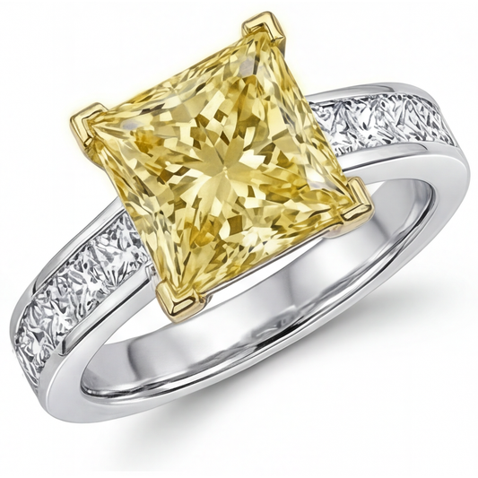 Diamante Giallo Canarino Anello con Pavé Halo 3,75 carati Oro Due Toni 14K – vista principale