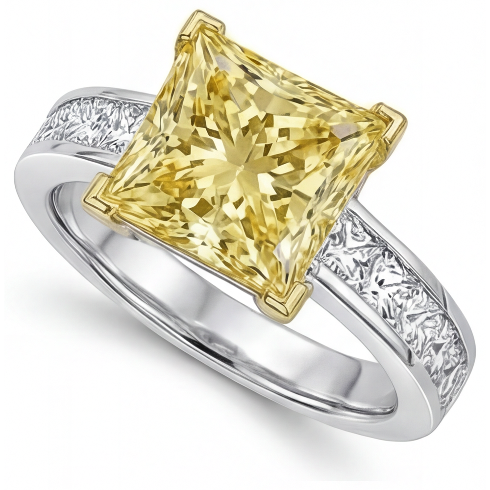 Diamante Giallo Canarino Anello con Pavé Halo – vista laterale